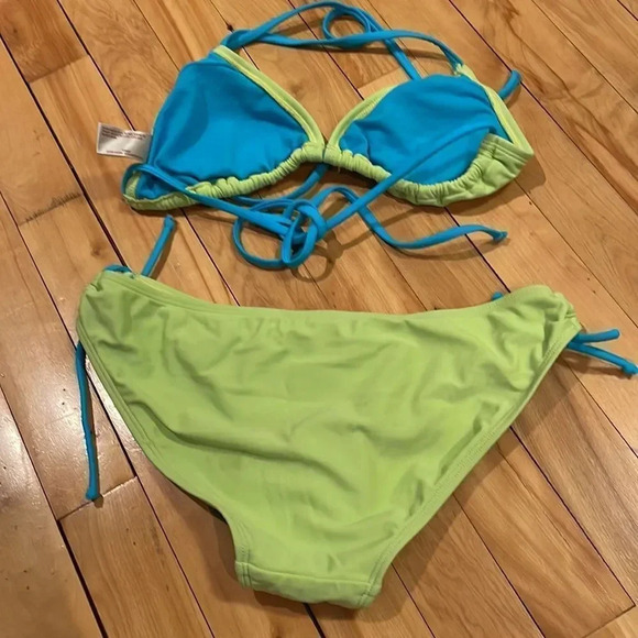 Arizona Jeans lime/teal laser cut design halter tie bikini. Small. - Picture 4 of 4